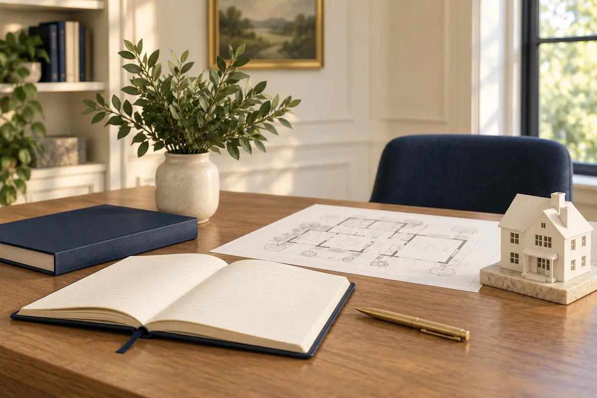 Notebook and home plans in a bright office