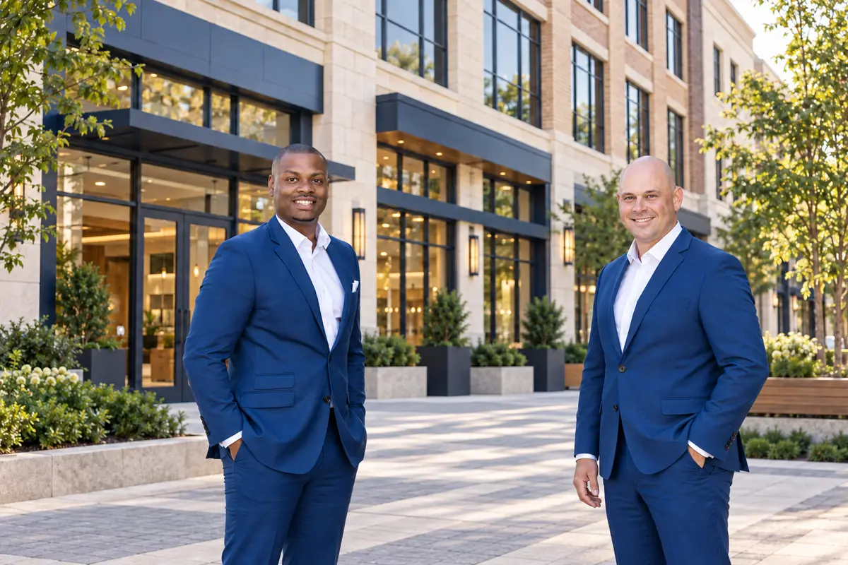 Kortez and a commercial partner outside a mixed-use property