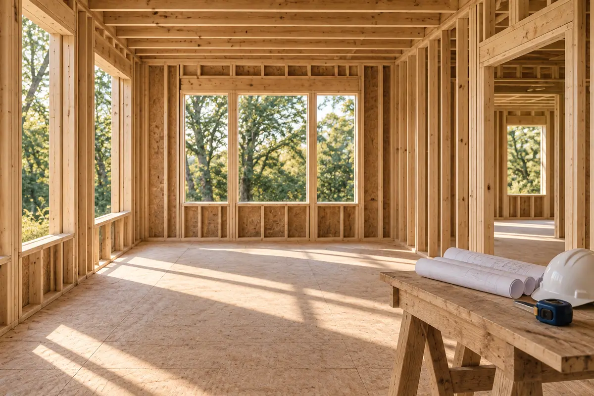 Wood framing in a home under construction
