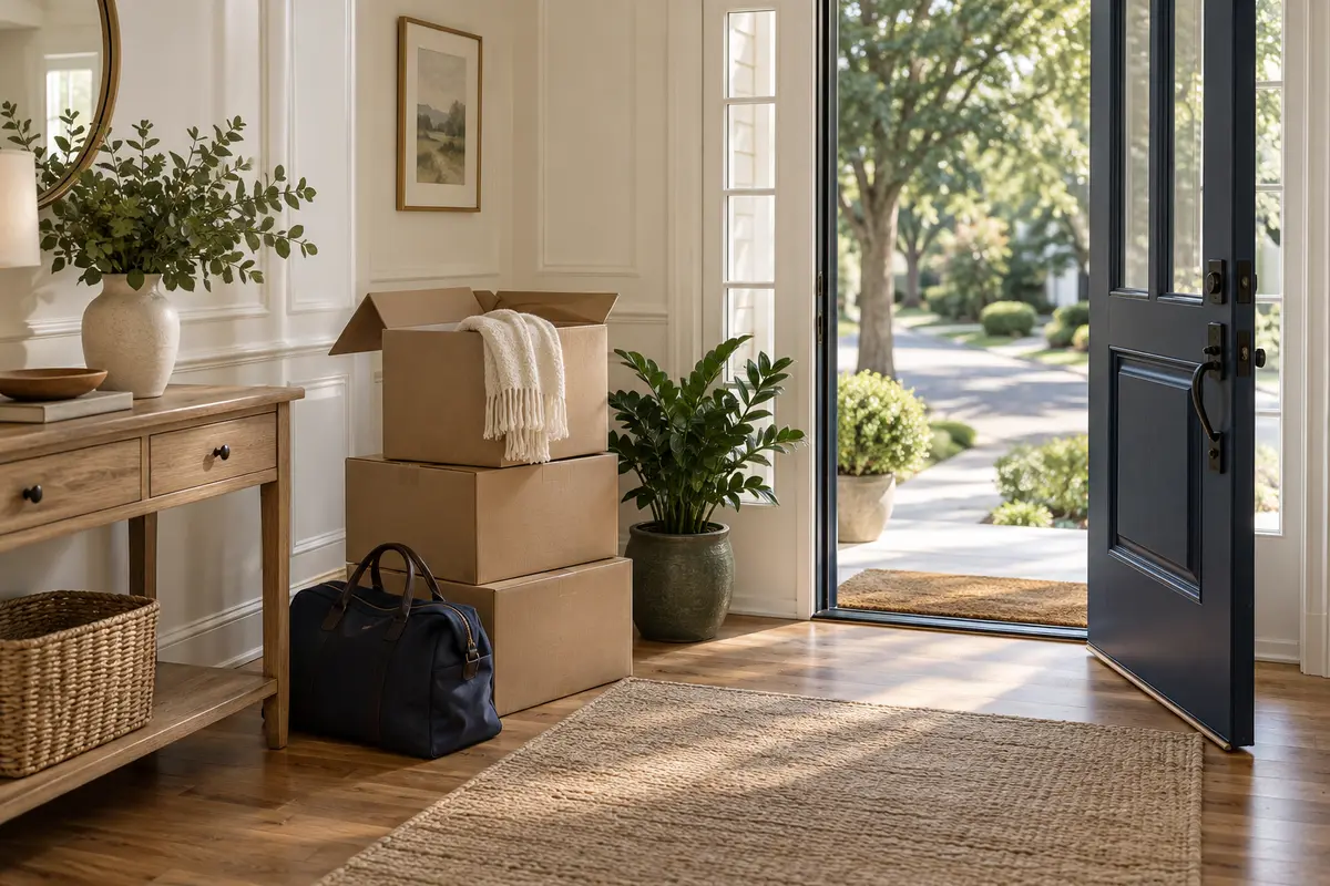 Moving boxes in a bright entry