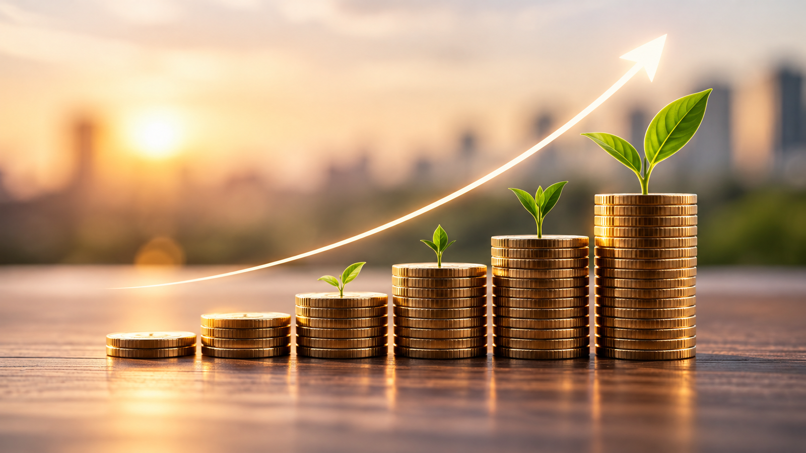 Increasing stacks of coins illustrating investment growth